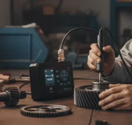 Alat Analisa Struktur Baja NOVOTEST KRC-M2 - perangkat portabel dengan layar untuk deteksi martensit pada roda gigi.