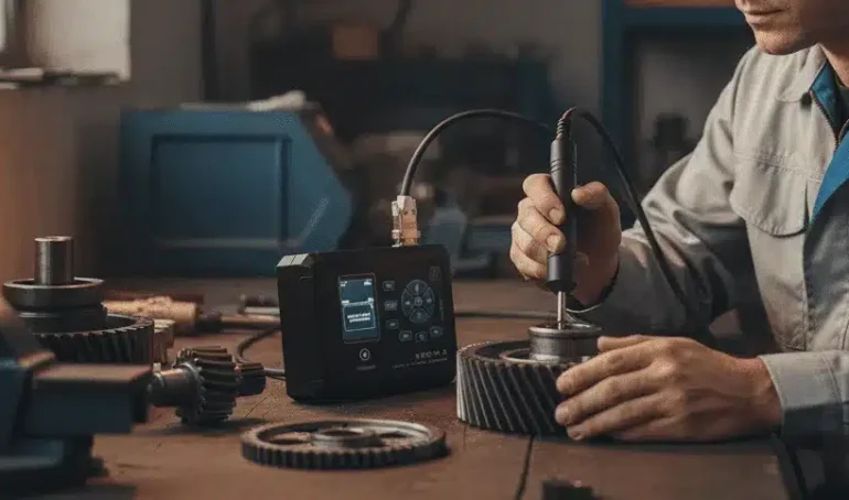 Alat Analisa Struktur Baja NOVOTEST KRC-M2 - perangkat portabel dengan layar untuk deteksi martensit pada roda gigi.