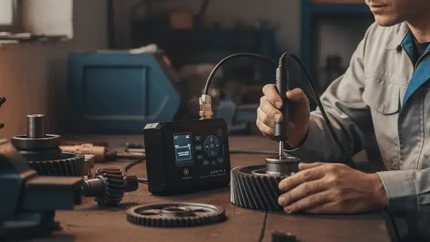 Alat Analisa Struktur Baja NOVOTEST KRC-M2 - perangkat portabel dengan layar untuk deteksi martensit pada roda gigi.