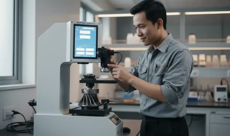Alat Uji Kekerasan Analog NOVOTEST TB-BRV - perangkat uji kekerasan Vickers untuk analisis fatigue pada bilah turbin.
