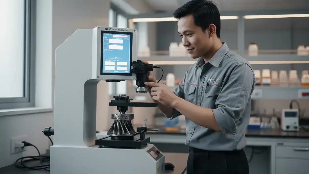 Alat Uji Kekerasan Analog NOVOTEST TB-BRV - perangkat uji kekerasan Vickers untuk analisis fatigue pada bilah turbin.
