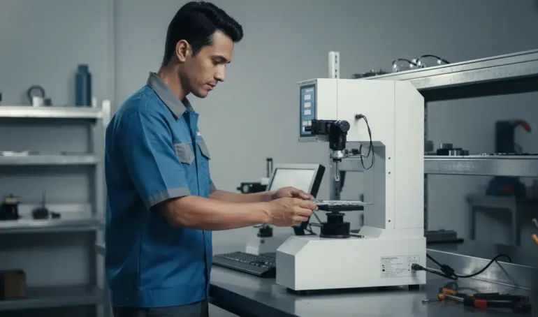 Alat Uji Kekerasan Analog NOVOTEST TB-BRV - tampak depan instrumen dengan probe dan layar analog.