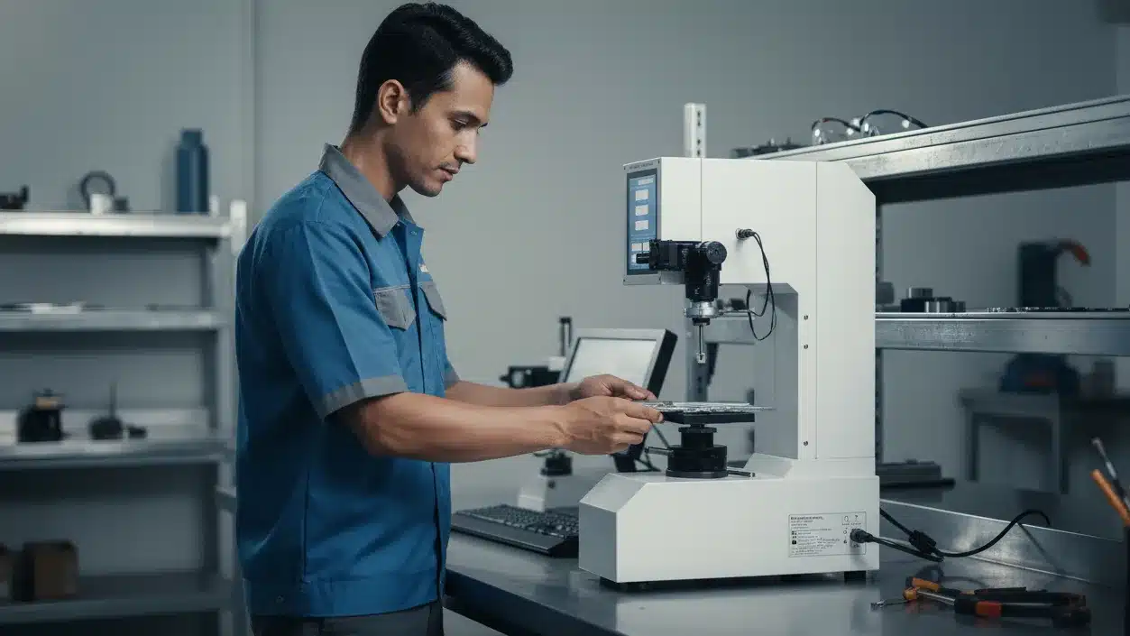 Alat Uji Kekerasan Analog NOVOTEST TB-BRV - tampak depan instrumen dengan probe dan layar analog.