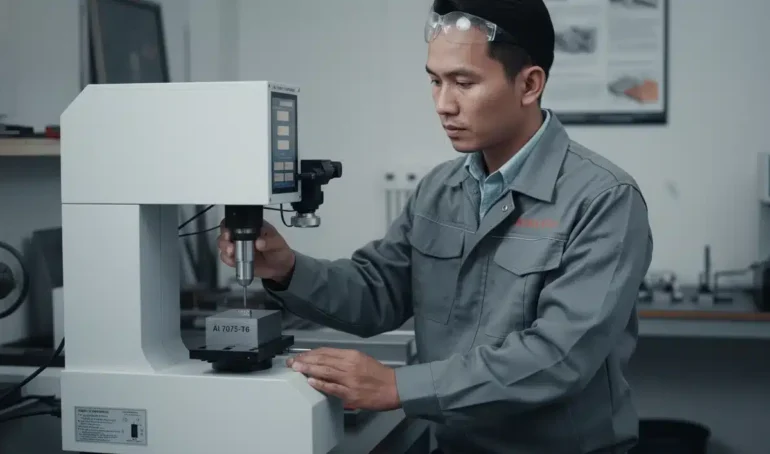 Alat Uji Kekerasan Analog NOVOTEST TB-BRV - Tampak depan alat uji kekerasan analog dengan dial gauge pada dudukan logam