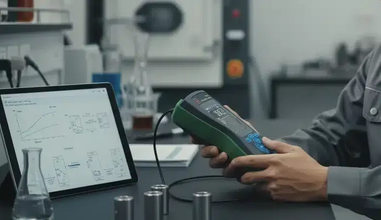 Alat Uji Kekerasan Gabungan NOVOTEST T-UD3 - perangkat portabel dengan layar digital dan dua probe untuk uji kekerasan rel kereta api.