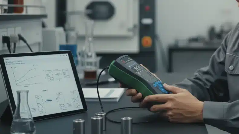 Alat Uji Kekerasan Gabungan NOVOTEST T-UD3 - perangkat portabel dengan layar digital dan dua probe untuk uji kekerasan rel kereta api.