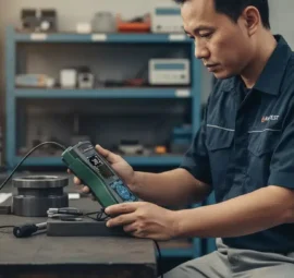 Alat Uji Kekerasan NOVOTEST T-UD3 - perangkat digital dengan probe dan kabel, digunakan untuk pengujian non-destruktif head hardening rel kereta
