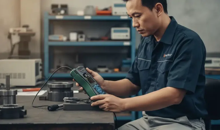 Alat Uji Kekerasan NOVOTEST T-UD3 - perangkat digital dengan probe dan kabel, digunakan untuk pengujian non-destruktif head hardening rel kereta