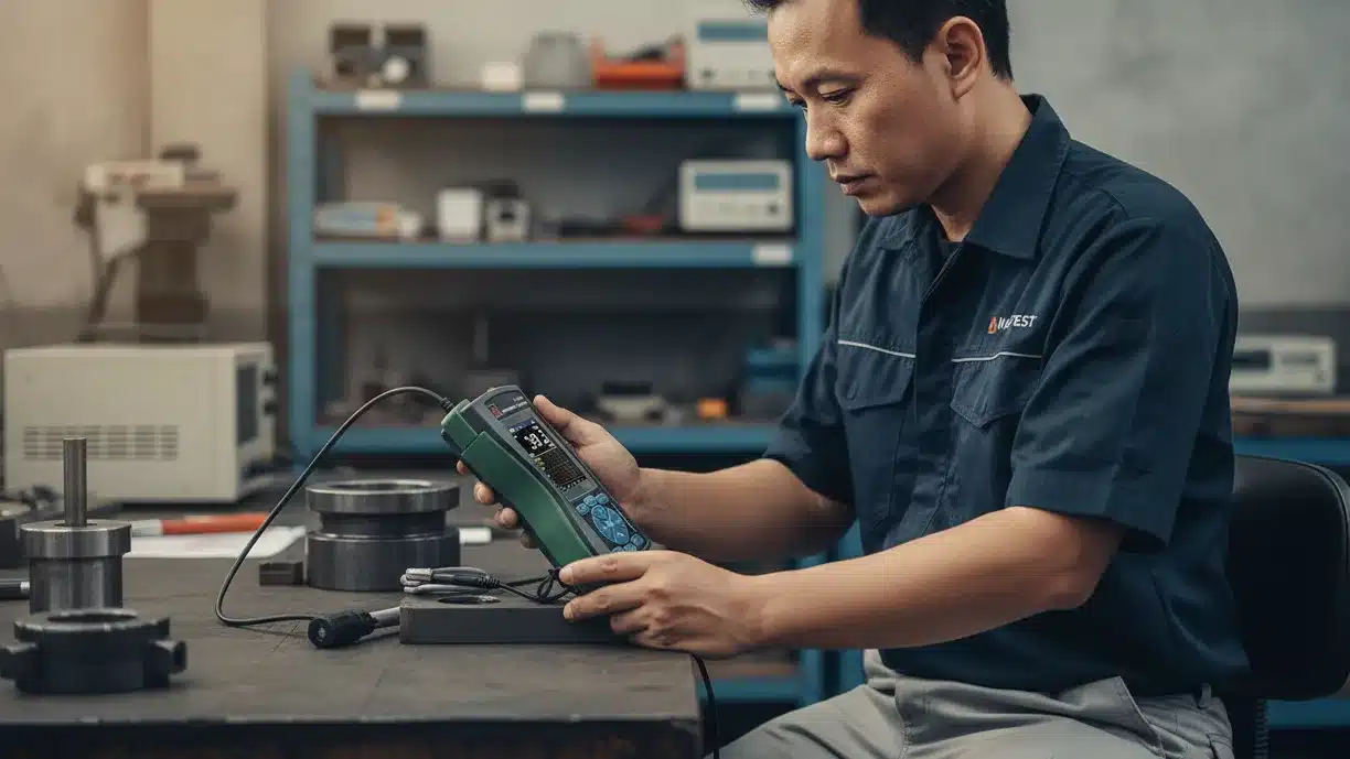 Alat Uji Kekerasan NOVOTEST T-UD3 - perangkat digital dengan probe dan kabel, digunakan untuk pengujian non-destruktif head hardening rel kereta