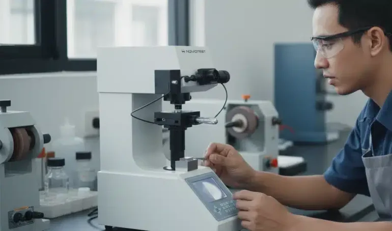 Alat Uji Kekerasan Mikro NOVOTEST TB-MCV-1M - Tampilan depan alat uji mikro Vickers untuk preparasi sampel akurat.