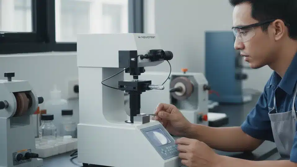 Alat Uji Kekerasan Mikro NOVOTEST TB-MCV-1M - Tampilan depan alat uji mikro Vickers untuk preparasi sampel akurat.