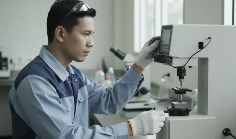 Alat Uji Kekerasan NOVOTEST TB-B-CM - Perangkat Brinell digital dengan layar dan probe untuk pengujian kekerasan material.