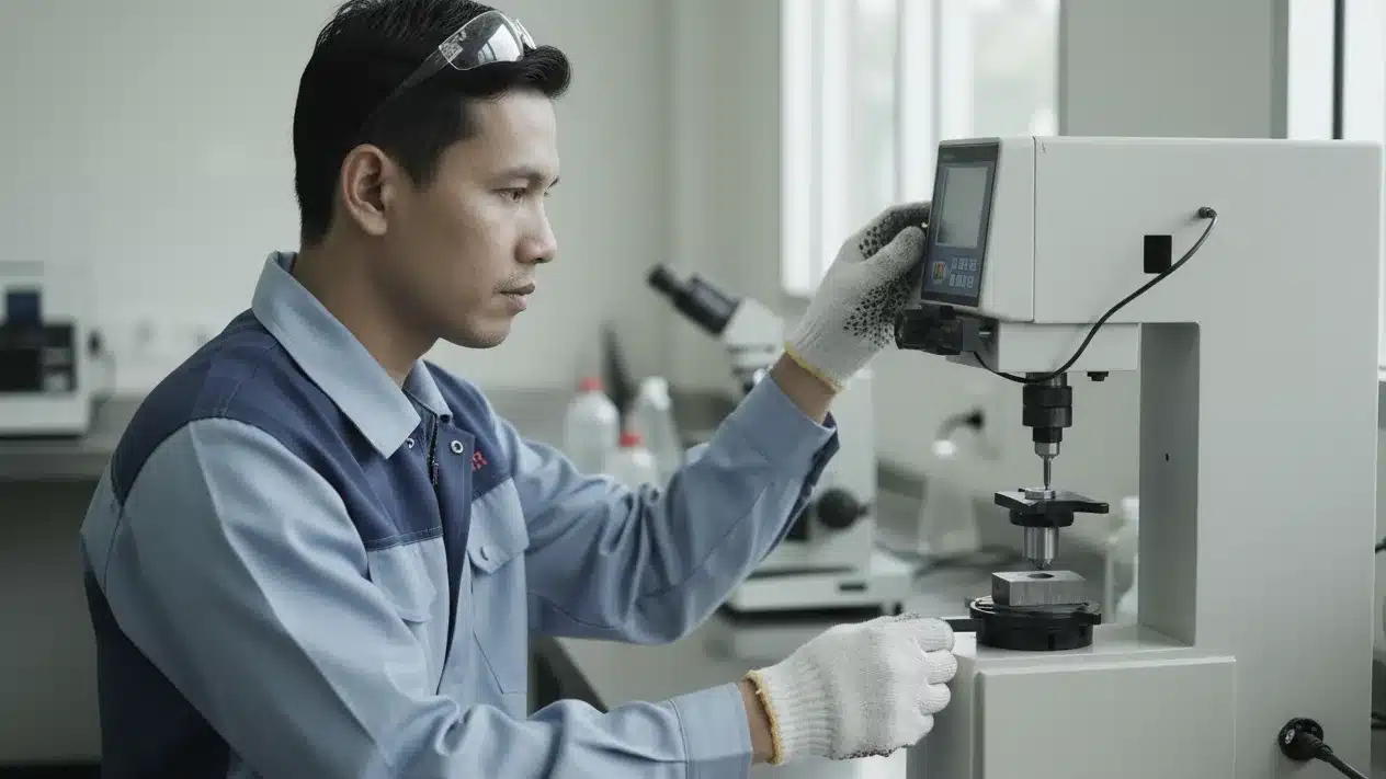 Alat Uji Kekerasan NOVOTEST TB-B-CM - Perangkat Brinell digital dengan layar dan probe untuk pengujian kekerasan material.