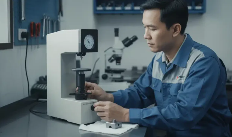 Alat Uji Kekerasan NOVOTEST TB-R - tampak depan dengan anvil dan komponen pengukur kekerasan.