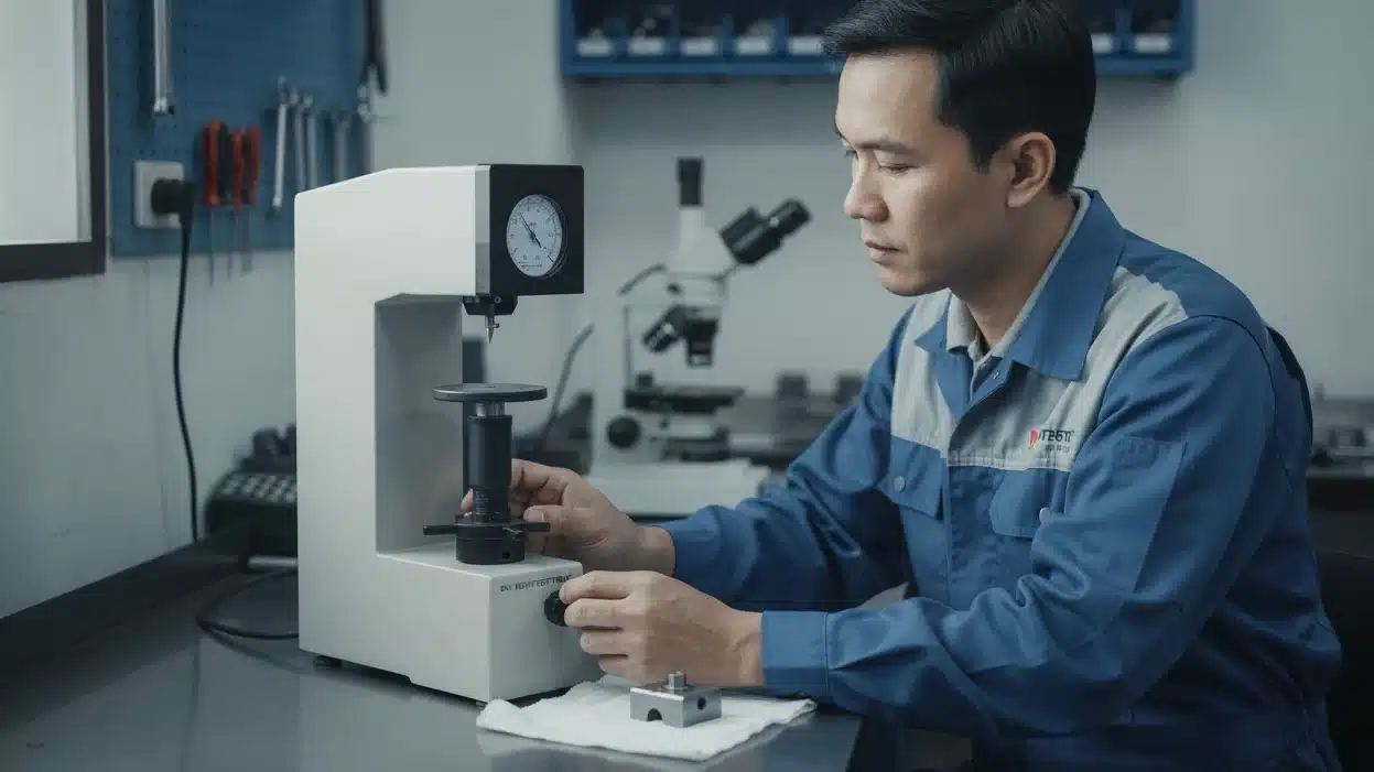 Alat Uji Kekerasan NOVOTEST TB-R - tampak depan dengan anvil dan komponen pengukur kekerasan.
