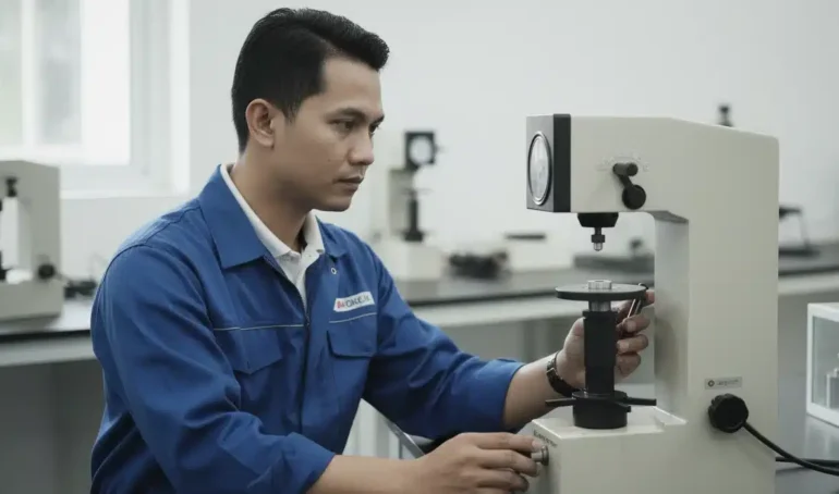 Alat Uji Kekerasan NOVOTEST TB-R - Perangkat digital dengan layar dan probe untuk uji kekerasan akurat.