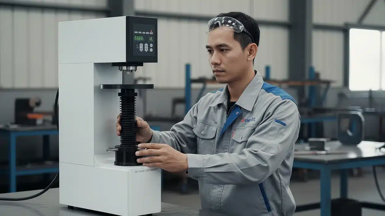 Alat Uji Kekerasan Digital NOVOTEST TB-R-C - tampak depan alat pengukur kekerasan digital untuk las sheet metal