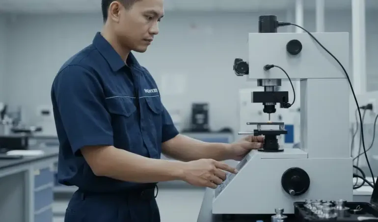 NOVOTEST TB-MCV-1A alat uji kekerasan mikro Vickers - tampak depan perangkat dengan layar digital dan indentor