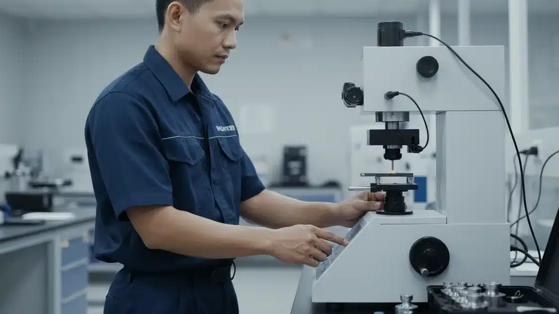 NOVOTEST TB-MCV-1A alat uji kekerasan mikro Vickers - tampak depan perangkat dengan layar digital dan indentor