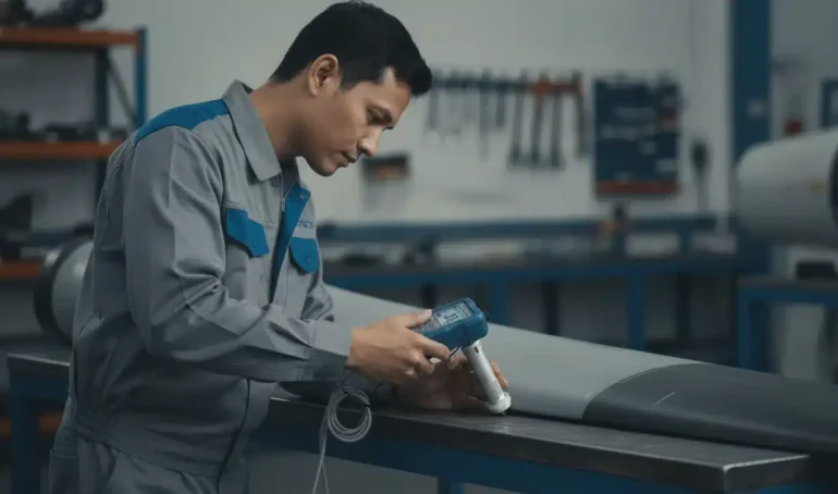 Alat Ukur Kekerasan Logam NOVOTEST TUD2 - Tester kekerasan logam digital dengan probe dan layar, digunakan untuk uji tarik blade non-destruktif.
