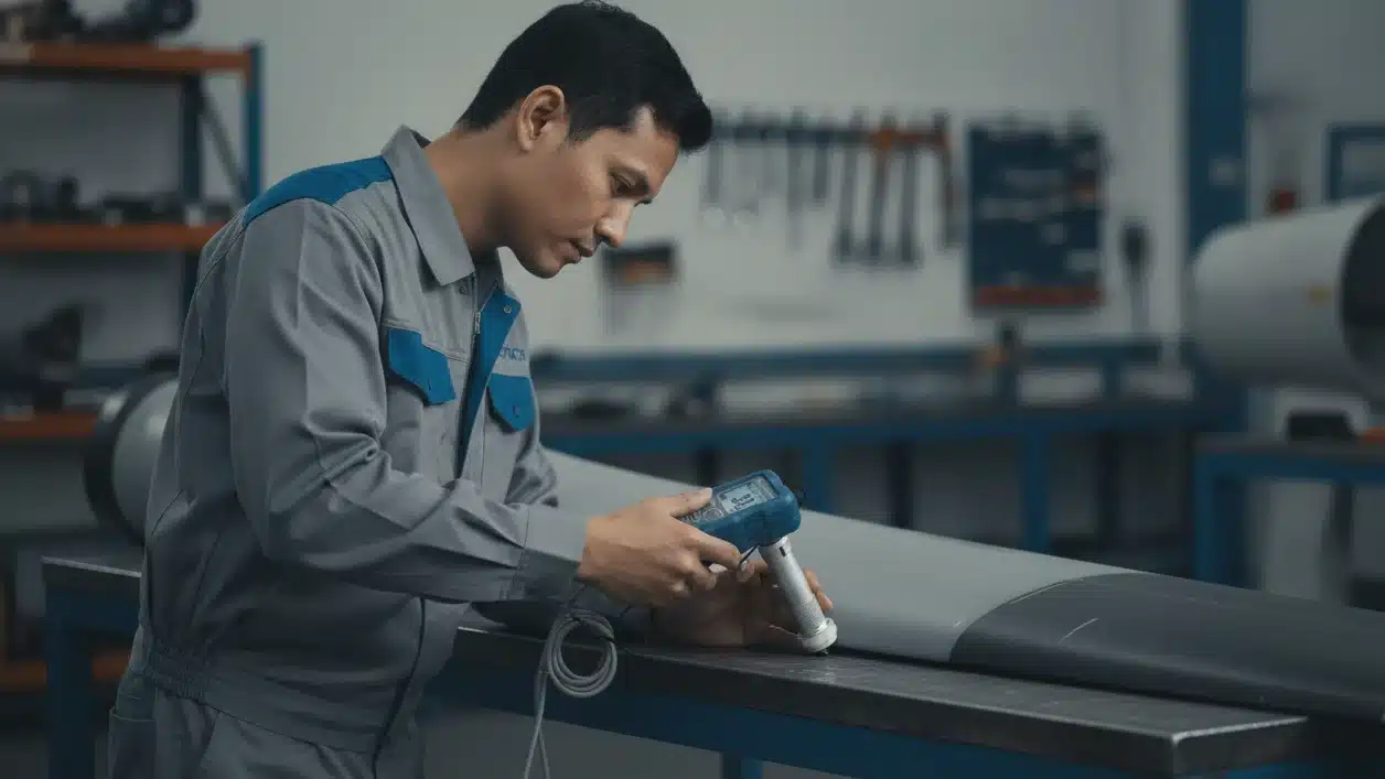 Alat Ukur Kekerasan Logam NOVOTEST TUD2 - Tester kekerasan logam digital dengan probe dan layar, digunakan untuk uji tarik blade non-destruktif.