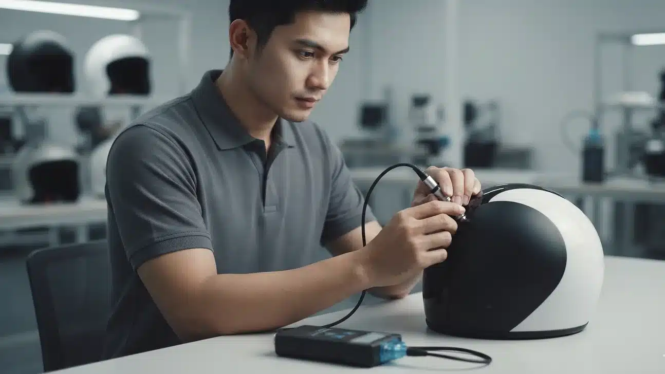 pengukuran ketebalan cat menggunakan coating thickness meter novotest untuk mengukur ketebalan cat pada helm kendaraan
