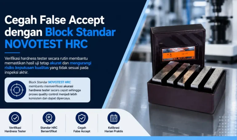 Block Standar NOVOTEST HRC membantu memverifikasi akurasi hardness tester secara cepat sehingga proses quality control menjadi lebih konsisten dan dapat dipercaya.