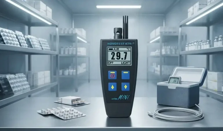 alat ukur temperature suhu dan kelembapan dalam ruang penyimpanan produk farmasi untuk mencegah kondensasi pada kemasan produk farmasi