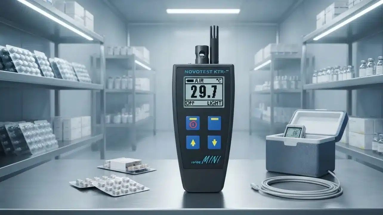 alat ukur temperature suhu dan kelembapan dalam ruang penyimpanan produk farmasi untuk mencegah kondensasi pada kemasan produk farmasi