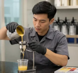 mengukur tingkat kekentalan vikositas pada cat berwarna kuning dalam industri cat untuk mencegah pemborosan diluent