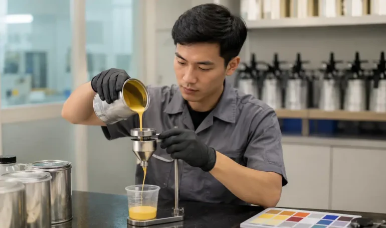 mengukur tingkat kekentalan vikositas pada cat berwarna kuning dalam industri cat untuk mencegah pemborosan diluent