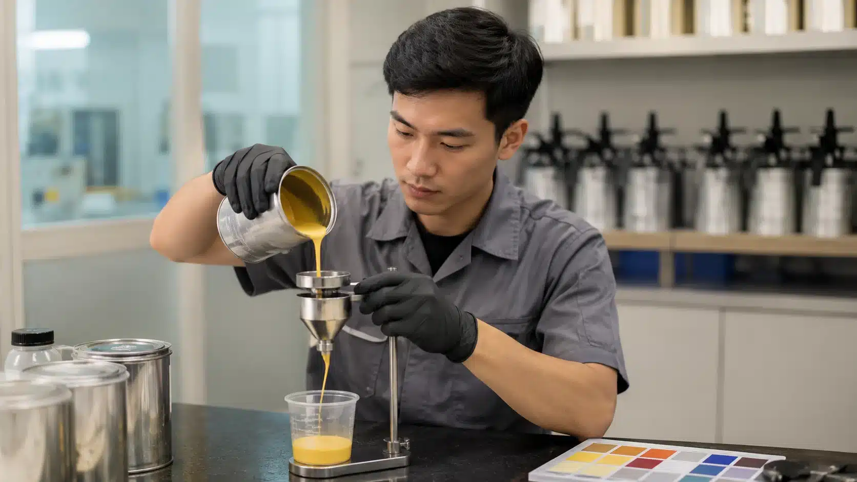 mengukur tingkat kekentalan vikositas pada cat berwarna kuning dalam industri cat untuk mencegah pemborosan diluent