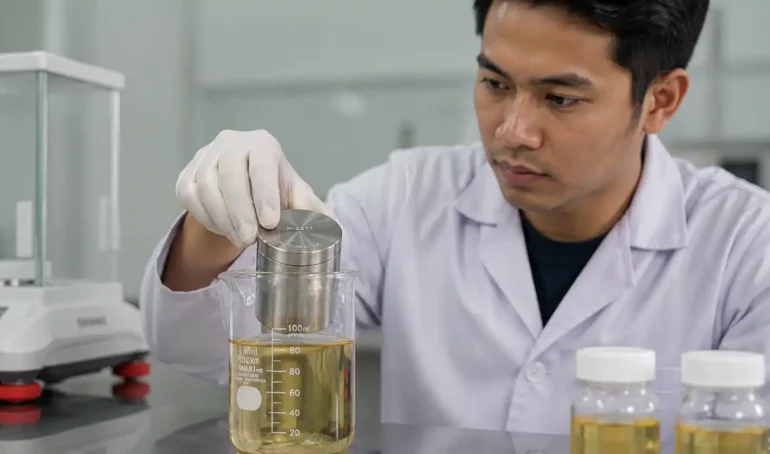 ceck perubahan densitas resin menggunakan NOVOTEST PYCNOMETER P-2811