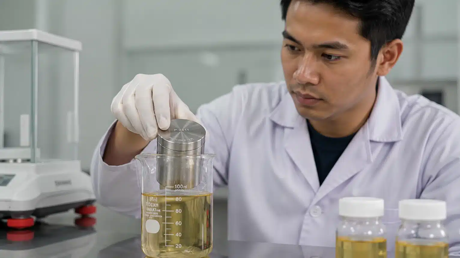 ceck perubahan densitas resin menggunakan NOVOTEST PYCNOMETER P-2811