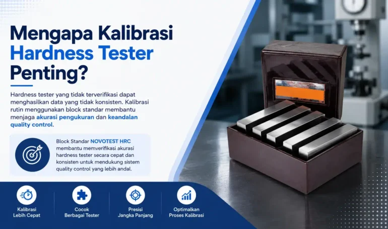 Hardness tester yang tidak terverifikasi dapat menghasilkan data yang tidak konsisten. Kalibrasi rutin menggunakan block standar membantu menjaga akurasi pengukuran dan keandalan quality control.