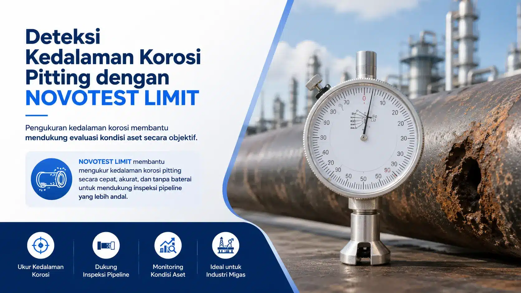NOVOTEST LIMIT membantu mengukur kedalaman korosi pitting secara cepat, akurat, dan tanpa baterai untuk mendukung inspeksi pipeline yang lebih andal.