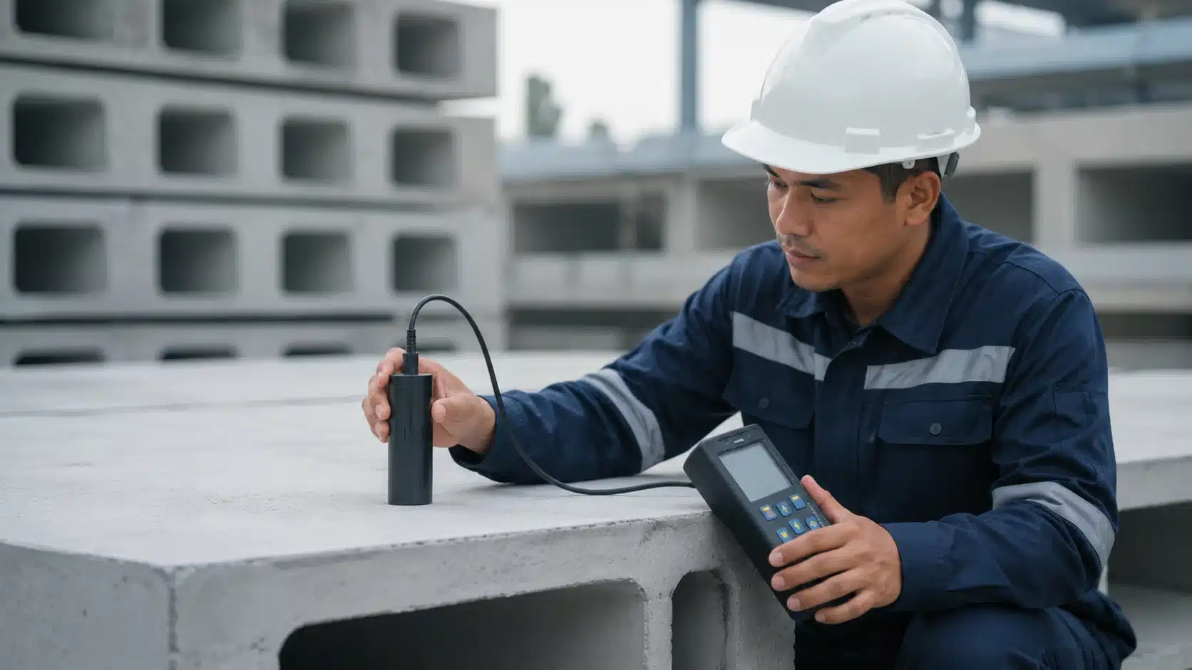 jaga kualitas produksi beton pracetak dengan mengukur ketebalan selimut beton presisi sesuai standar DNVGL