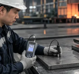 inspektor qc di industri plat baja sedang mengukur tingkat kekerasan plat baja pasca heat treatment