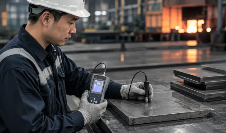 inspektor qc di industri plat baja sedang mengukur tingkat kekerasan plat baja pasca heat treatment