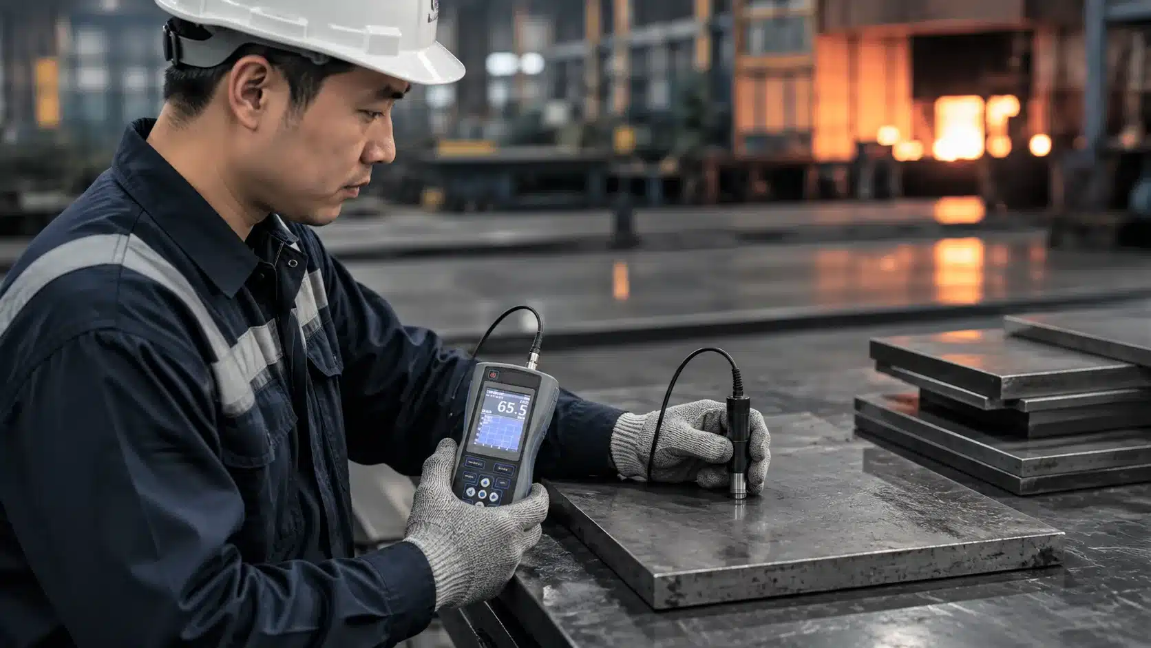 inspektor qc di industri plat baja sedang mengukur tingkat kekerasan plat baja pasca heat treatment