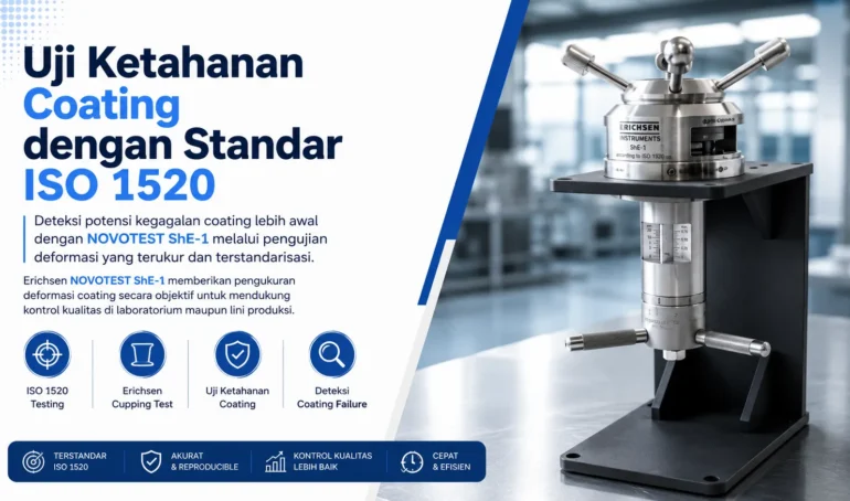 Uji Ketahanan Coating dengan Standar ISO 1520 Erichsen NOVOTEST ShE-1 memberikan pengukuran deformasi coating secara objektif untuk mendukung kontrol kualitas di laboratorium maupun lini produksi