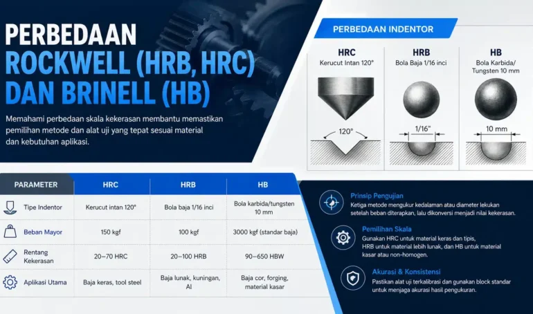 perbedaan skala kekerasan metode rockwell HRB HRC dan brinel (HB) penggunaan tipe indentor, beban dan jenis material baja