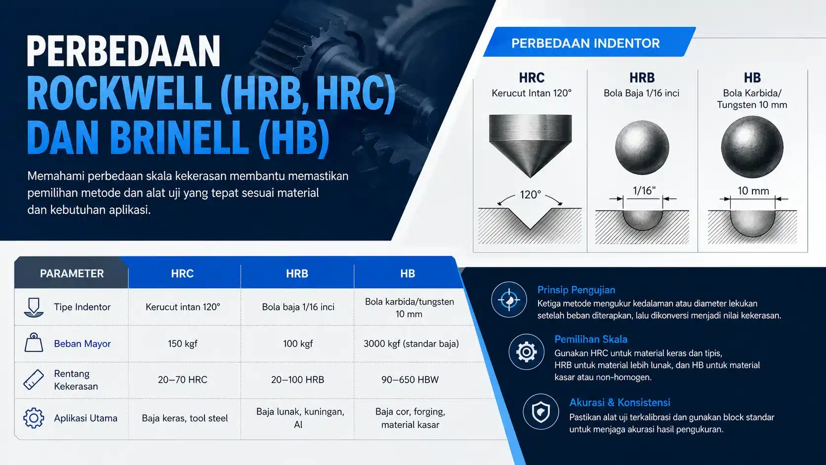 perbedaan skala kekerasan metode rockwell HRB HRC dan brinel (HB) penggunaan tipe indentor, beban dan jenis material baja