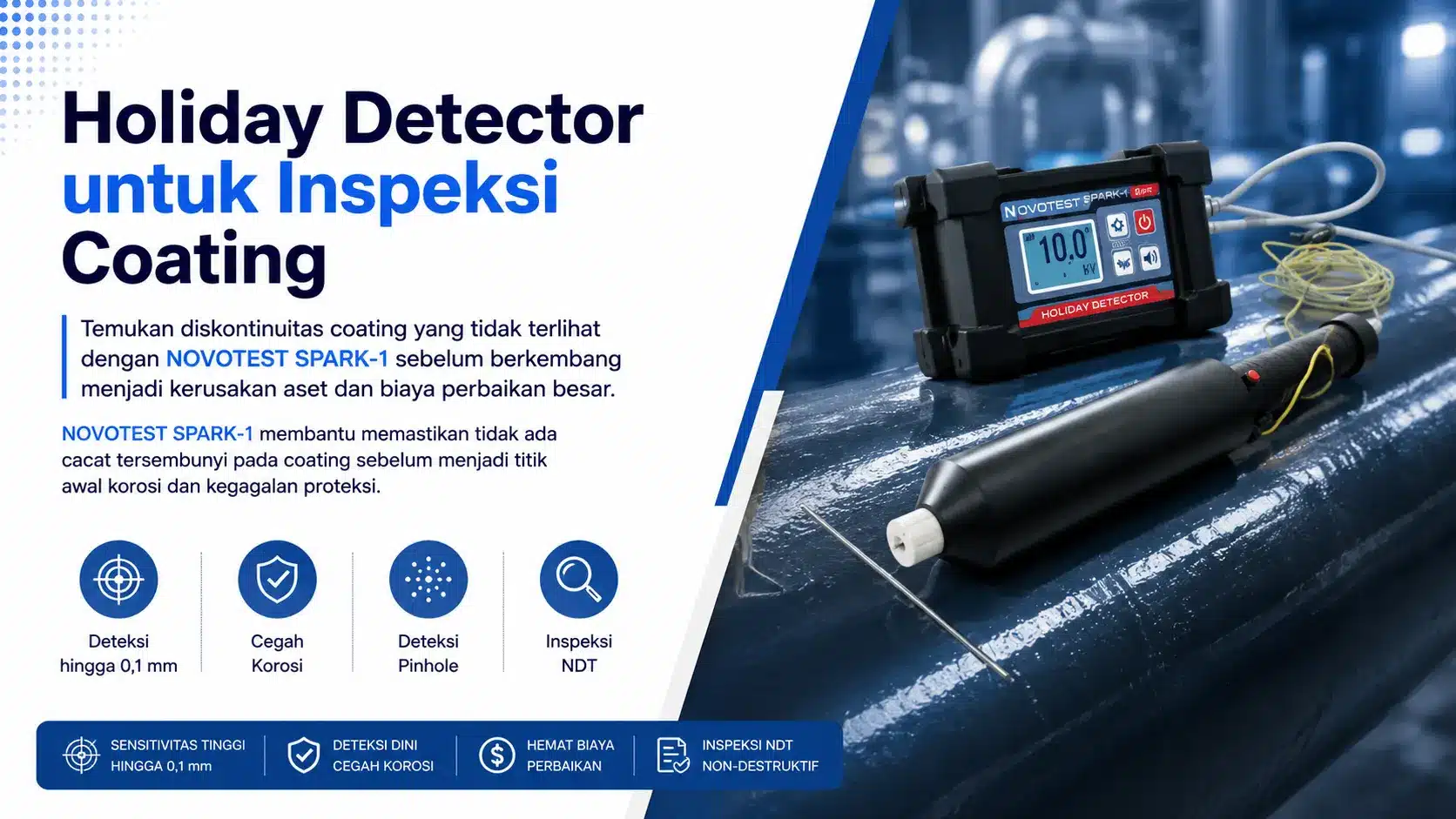 NOVOTEST SPARK-1 membantu memastikan tidak ada cacat tersembunyi pada coating sebelum menjadi titik awal korosi dan kegagalan proteksi
