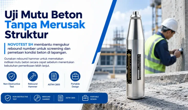 Uji Mutu Beton Tanpa Merusak Struktur menggunakan NOVOTEST SH Schmidt Hammer membantu mengukur rebound number untuk screening dan pemetaan kondisi beton di lapangan.