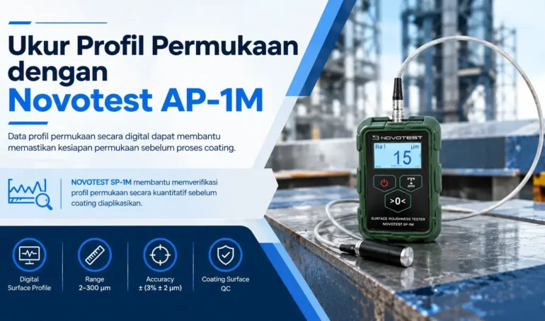 ukur profil permukaan digital sebelum coating dengan Novotest SP-1M untuk memverifikasi profil permukaan secara kuantitatif sebelum coating diaplikasikan.