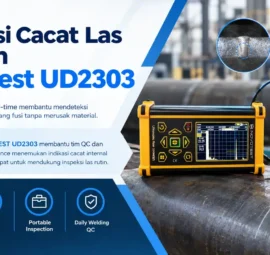 inspeksi cacat las dengan NOVOTEST UD2303 menggunakan ultrasonic real-time untuk membantu mendeteksi retak, porositas, dan kurang fusi tanpa merusak material.