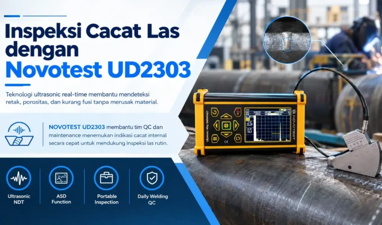 inspeksi cacat las dengan NOVOTEST UD2303 menggunakan ultrasonic real-time untuk membantu mendeteksi retak, porositas, dan kurang fusi tanpa merusak material.