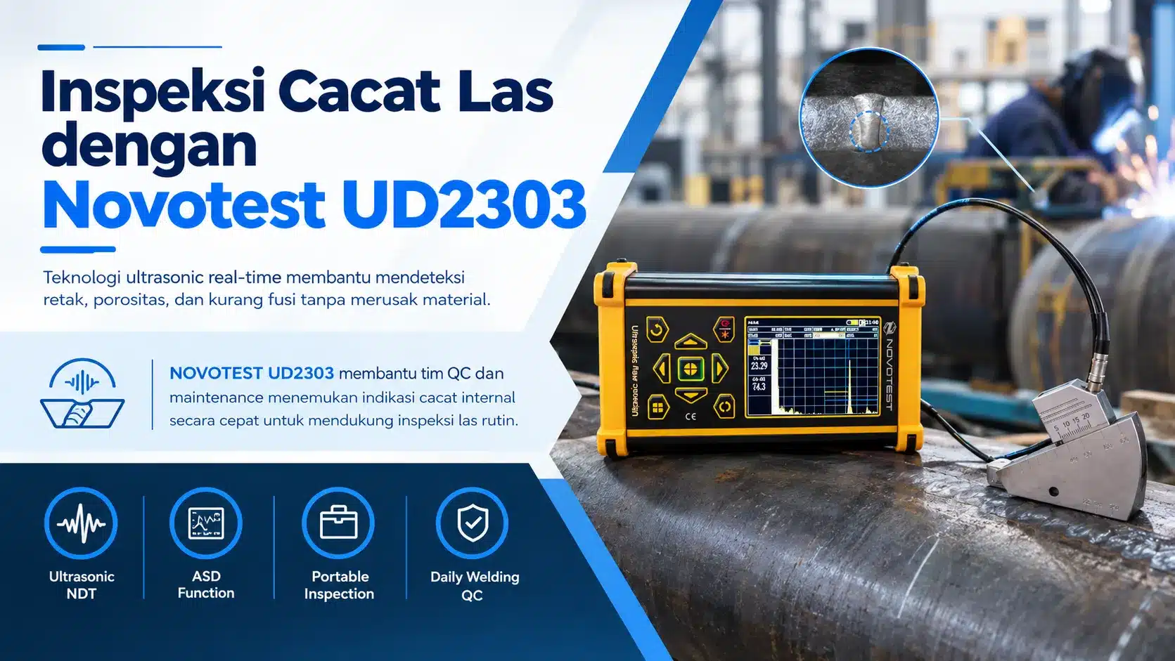 inspeksi cacat las dengan NOVOTEST UD2303 menggunakan ultrasonic real-time untuk membantu mendeteksi retak, porositas, dan kurang fusi tanpa merusak material.