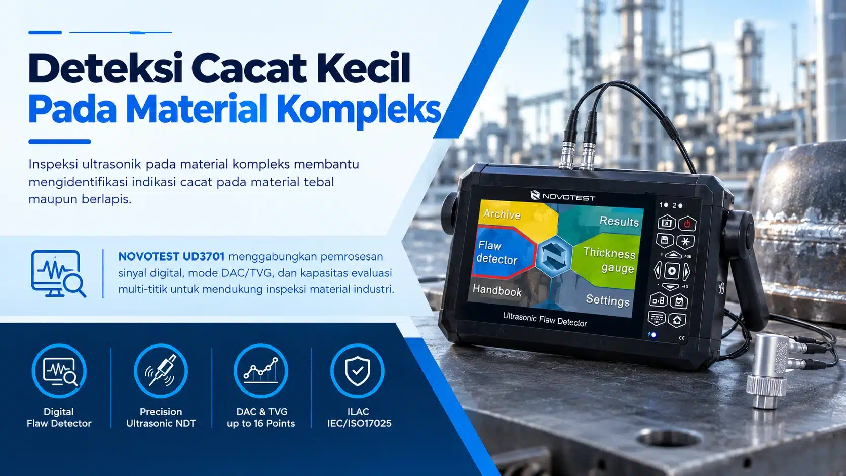 DETEKSI CACAT KECIL PADA MATERIAL KOMPLEKS dengan NOVOTEST UD3701 Flaw Detector untuk membantu mengidentifikasi indikasi cacat pada material tebal maupun berlapis.